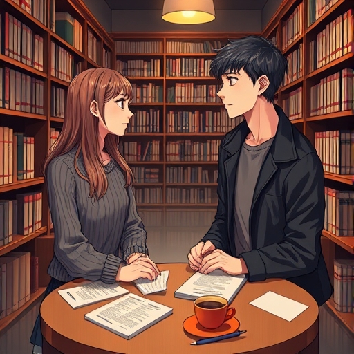 Cruce de miradas en la biblioteca nocturna