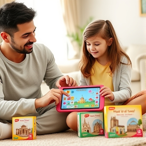 Padre e hija consideran juegos para aprender juntos en casa