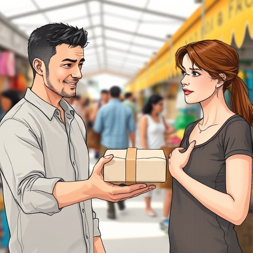 El vendedor y la visitante en el mercado