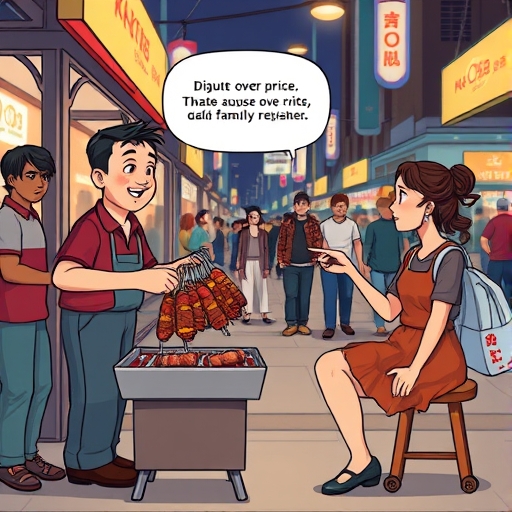 夜市摆摊的小摊主与顾客争执