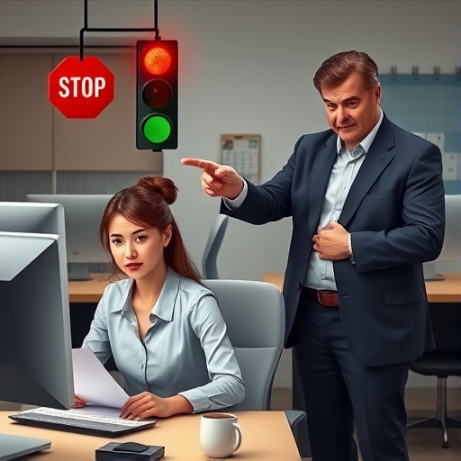 Semáforo en rojo, oficina en verde