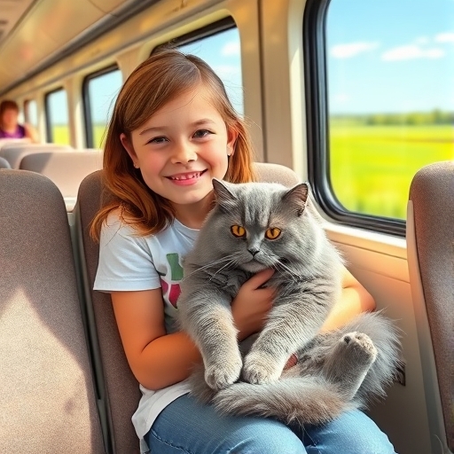 La niña y su gato en un viaje en tren