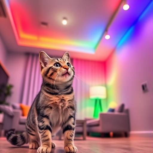 El gato en la casa con luces inteligentes