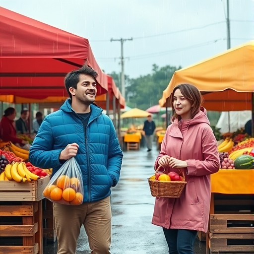 Encuentro bajo la lluvia en el mercado