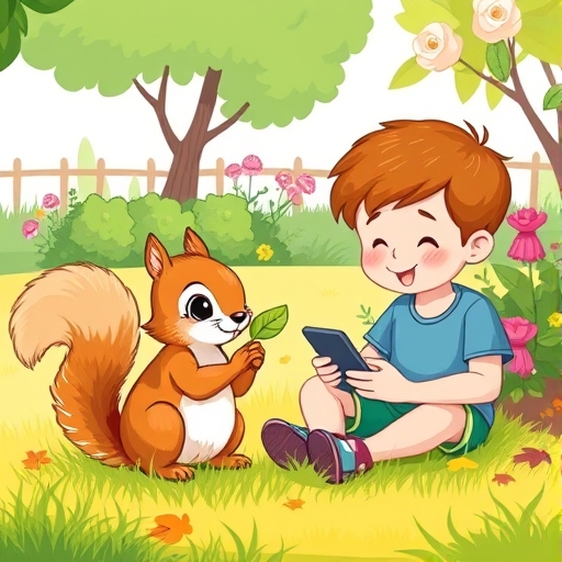 La ardilla y el niño en el jardín