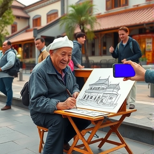 老街画家的临时表演