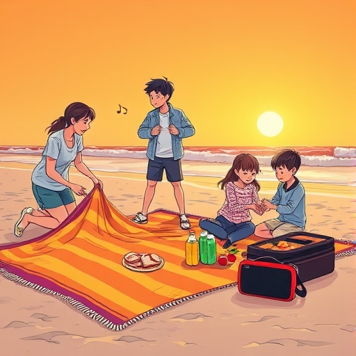 Setting Up a Beach Picnic in the Evening