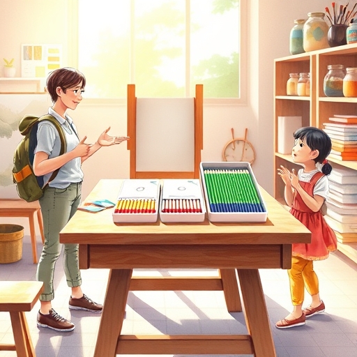 학교 미술실에서 색연필 세트 고르기