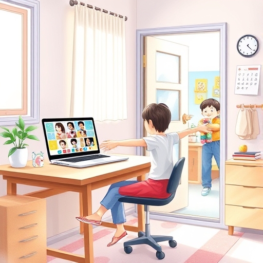 집에서 일과 아이의 소리