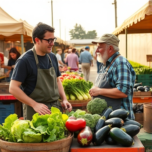 השף והחקלאי על רקע שוק בוקר