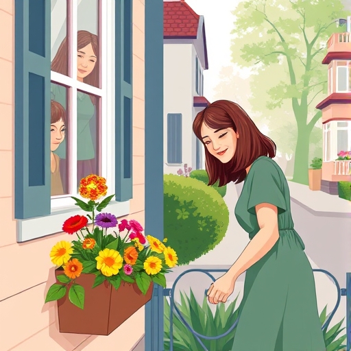 Poniendo flores en la ventana
