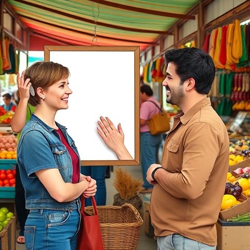 Sonrisa y carteles en el mercado local
