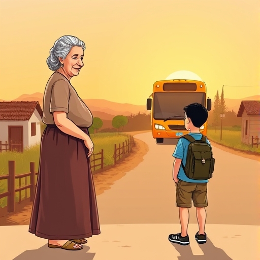 Esperando el autobús en el pueblo