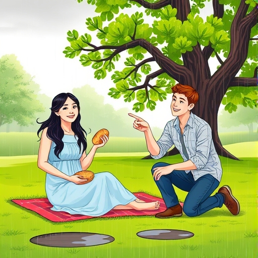 Cita en el parque bajo lluvia repentina